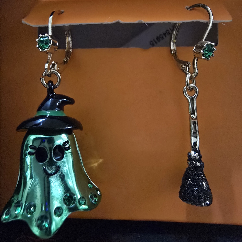 Betsey Johnson Green Ghost and Broom Earrings